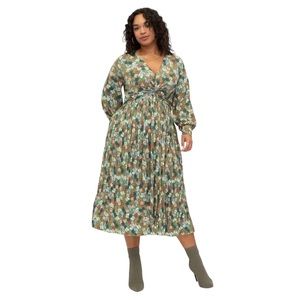 ELOQUII Elements Green Floral Knot Front Pleated Skirt Dress Plus